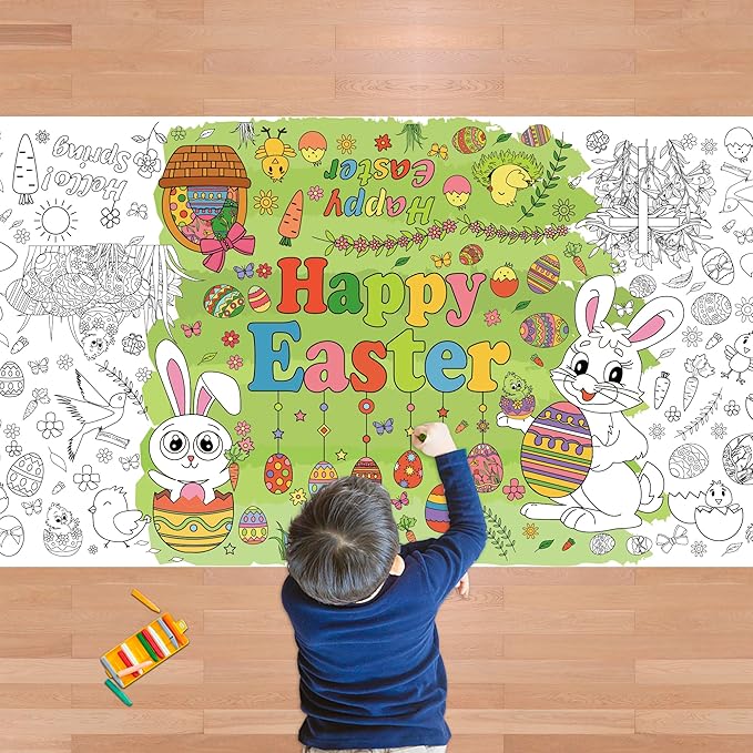 OHOME Easter Giant Coloring Poster/Tablecloth - Easter Crafts for Kids - 30 x 72 Inches Jumbo Coloring Banner - Easter Games Gifts Toys for Basket,Easter Activities Treats Party Decorations