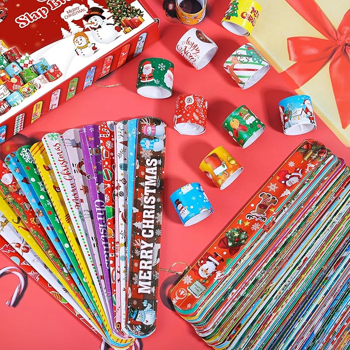 LUYI 60 PCS Christmas Slap Bracelets, Christmas Party Favors Toys for Kids Xmas Slap Wristbands Snap Bracelets Bulk for Christmas Stocking Stuffers Decoration Gifts Bag Filler