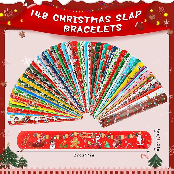 LUYI 60 PCS Christmas Slap Bracelets, Christmas Party Favors Toys for Kids Xmas Slap Wristbands Snap Bracelets Bulk for Christmas Stocking Stuffers Decoration Gifts Bag Filler