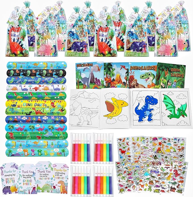 Dinosaur Party Favors for 12 Kids, Dinosaur Birthday Party Supplies, Dinosaur Goodie Bags for Boys Girls, Dinosaur Gifts Bags Fillers Pinata Stuffers, Dinosaur Party Toys Coloring Books