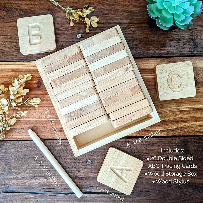 Montessori Wooden Alphabet Tiles Set β Tracing Letters for Kids | Double-Sided ABC Flash Cards (Uppercase & Lowercase) | Includes Stylus Pen & Storage Box | 26-Piece Educational Toy