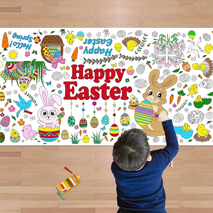 OHOME Easter Giant Coloring Poster/Tablecloth - Easter Crafts for Kids - 30 x 72 Inches Jumbo Coloring Banner - Easter Games Gifts Toys for Basket,Easter Activities Treats Party Decorations