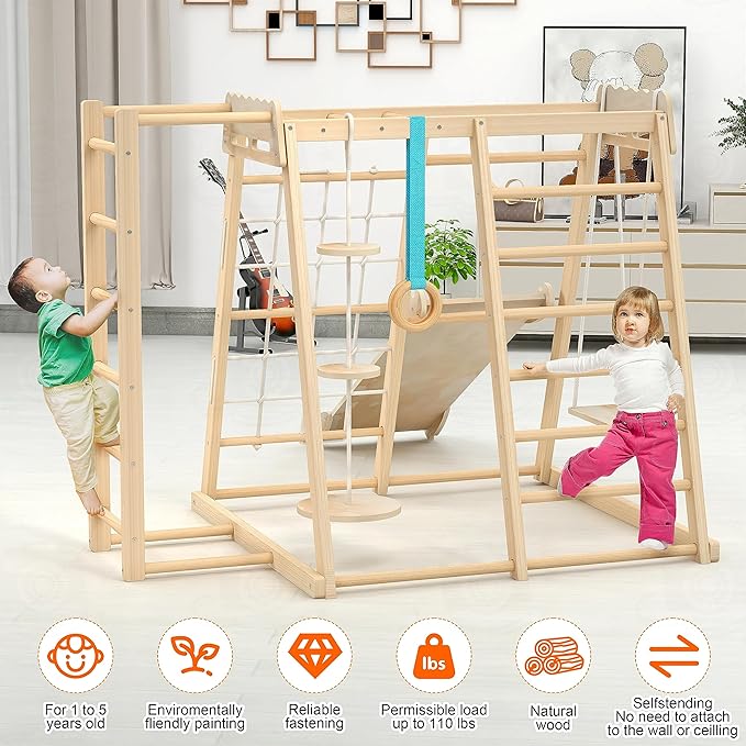 Jungle Gym, Toddler Climbing Toys, Indoor Playground Climbing Toys for Toddlers, Montessori Style Playground Sets for Backyards with Slide, Climbing Wall, Rope Wall Climber, Monkey Bars, Swing