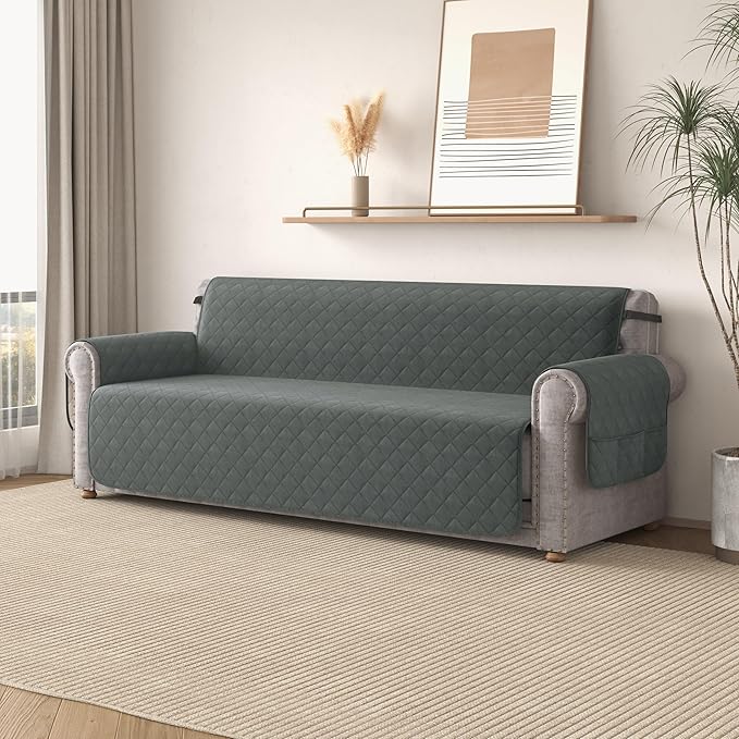 CHUN YI Oversized Couch Cover, Water Resistant Sofa Cover Slipcover for 4 Cushion Sofa, Washable with Adjustable Strap Storage Pocket for Living Room Dog Pet (Oversized Sofa, Dark Grey)