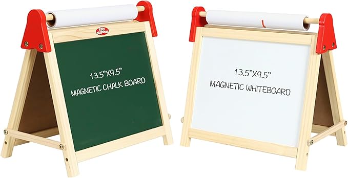 Easy Playhouse Wooden Table Top Easel for Children. Double Sided, White Board and Chalk Board. Chalk, Eraser, Markers, Alphabet, Stickers and Paper Roll. Age 3+