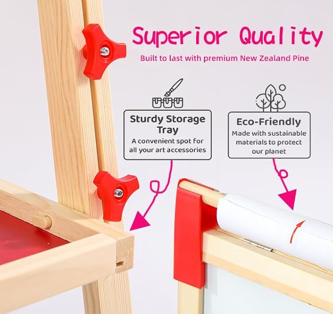 Easel for Kids,Adjustable Wooden Toddler Art Easels with Paper Rol,Magnetic White Board and Chalk Board with Art Supplies (ML-0036-001)