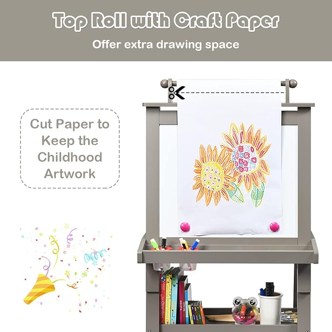 MAT Expert Kids Art Easel, 2-Side Child Easel w/Magnetic Whiteboard, Chalkboard & Paper Roll, Storage Easel w/2-Tier Rack & 2 Storage Boxes, 3 in 1 Toddler Art Craft Supply Drawing Easel (Gray)