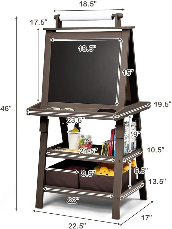MAT Expert Kids Art Easel, 2-Side Child Easel w/Magnetic Whiteboard, Chalkboard & Paper Roll, Storage Easel w/2-Tier Rack & 2 Storage Boxes, 3 in 1 Toddler Art Craft Supply Drawing Easel (Coffee)