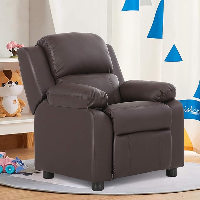 Costzon Kids Recliner, Leather Recliner Chair w/Footrest, Armrest Storage, Headrest & Lumbar Support, Ergonomic Lounge Chair for Living & Gaming Room, Adjustable Recliner Sofa for Boys Girls (Brown)