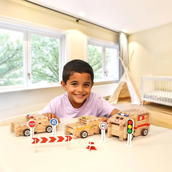 Jovi-mindly Wooden Building Blocks Car Set Toddler Boy Toys (101 pcs) with Storage Bag, Educational Classic Wooden Blocks for Toddlers Ages 3+ Boys and Girls,Truck/Excavator,FSC Certified