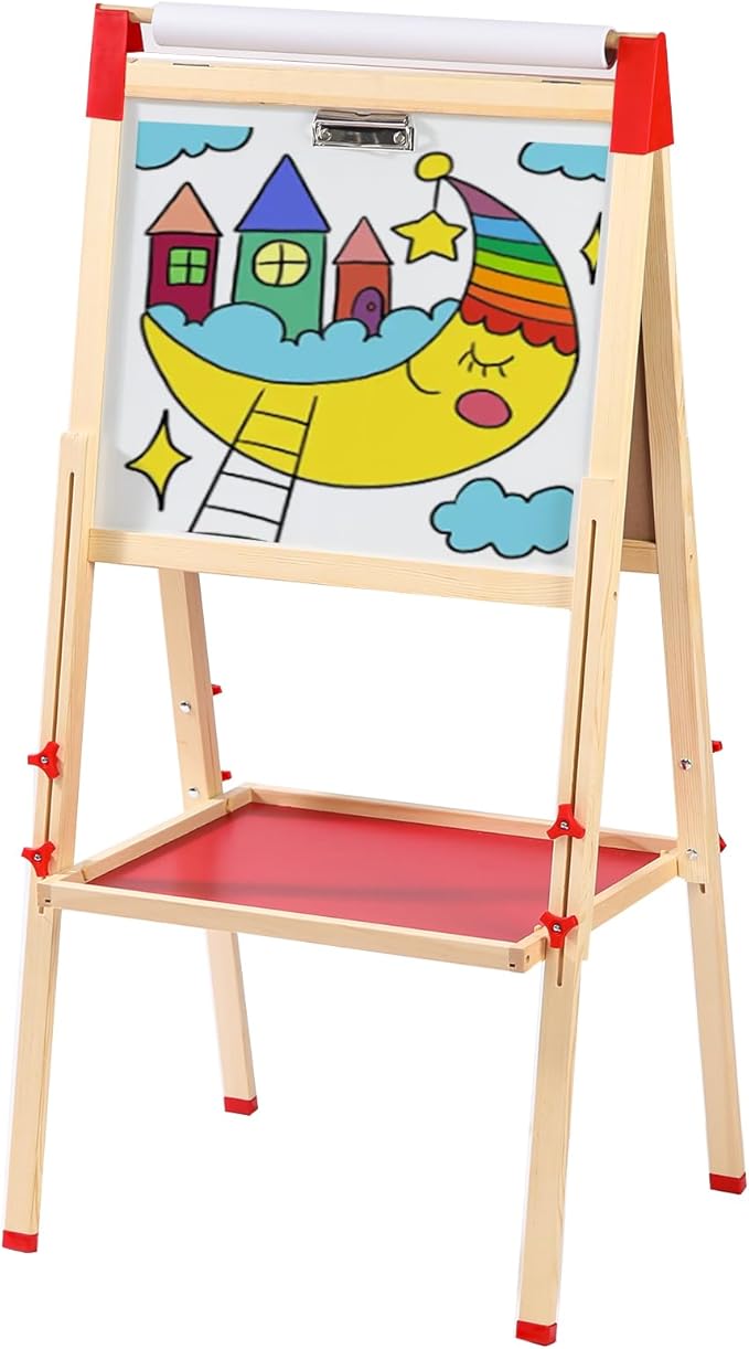 Easel for Kids,Adjustable Wooden Toddler Art Easels with Paper Rol,Magnetic White Board and Chalk Board with Art Supplies (ML-0036-001)