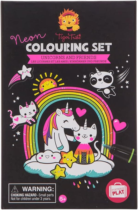 Tiger Tribe: Neon Coloring Set - Unicorns & Friends -Activity Set, Stickers, Themed Pages, Markers Stored Inside Magnetic Sealed Storage Box, Kid Age 4+