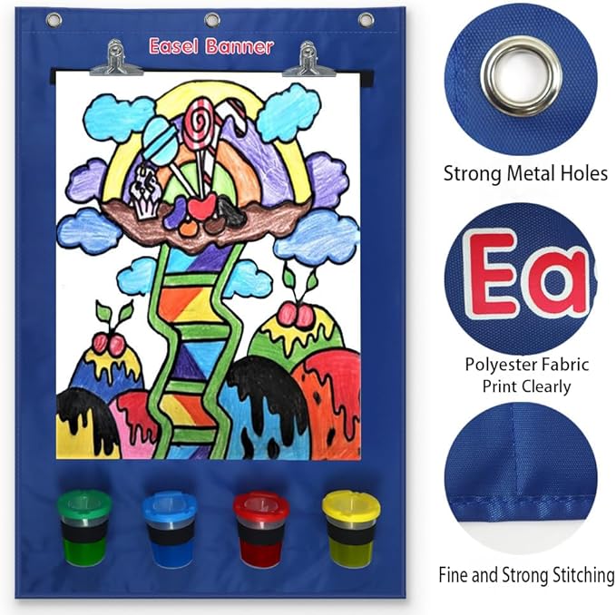 Easel for Kids, Art Easel for Toddler 2-4 Years Easel with 4 Paint Cups, Hanging Canvas with 2 Stainless Steel Clips, Large Kids Chalkboard Easel Drawing with 3 Hooks, Birthday Gifts for Kids