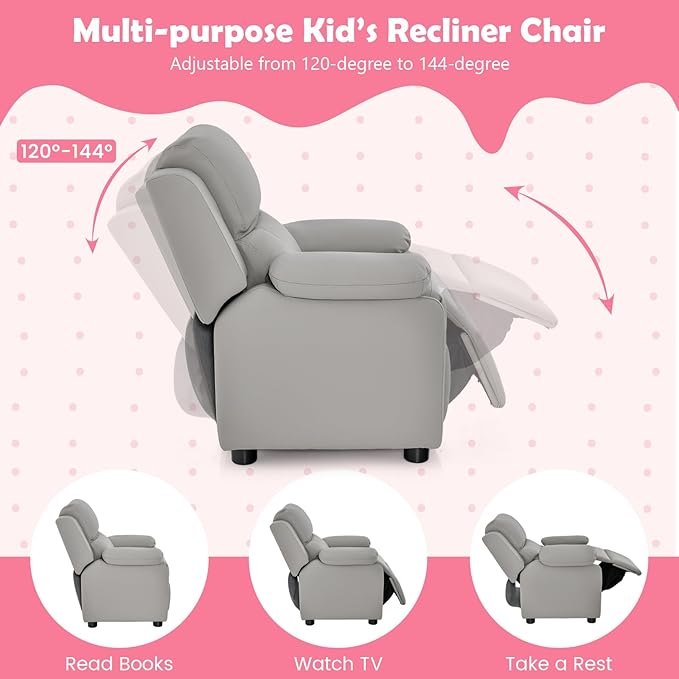 Costzon Kids Recliner, Leather Recliner Chair w/Footrest, Armrest Storage, Headrest & Lumbar Support, Ergonomic Lounge Chair for Living & Gaming Room, Adjustable Recliner Sofa for Boys Girls (Gray)