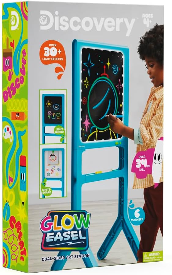 Discovery™ Glow Easel Dual-Sided Art Station – 34” Floor Standing Easel with Light Board, Whiteboard, 6 Neon Dry-Erase Markers| Detachable Drawing Tablet| Coloring Doodle Pad| Arts & Crafts for Kids