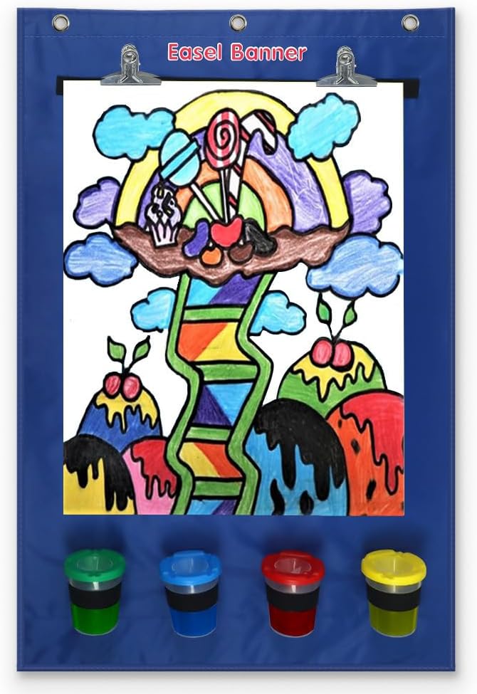 Easel for Kids, Art Easel for Toddler 2-4 Years Easel with 4 Paint Cups, Hanging Canvas with 2 Stainless Steel Clips, Large Kids Chalkboard Easel Drawing with 3 Hooks, Birthday Gifts for Kids