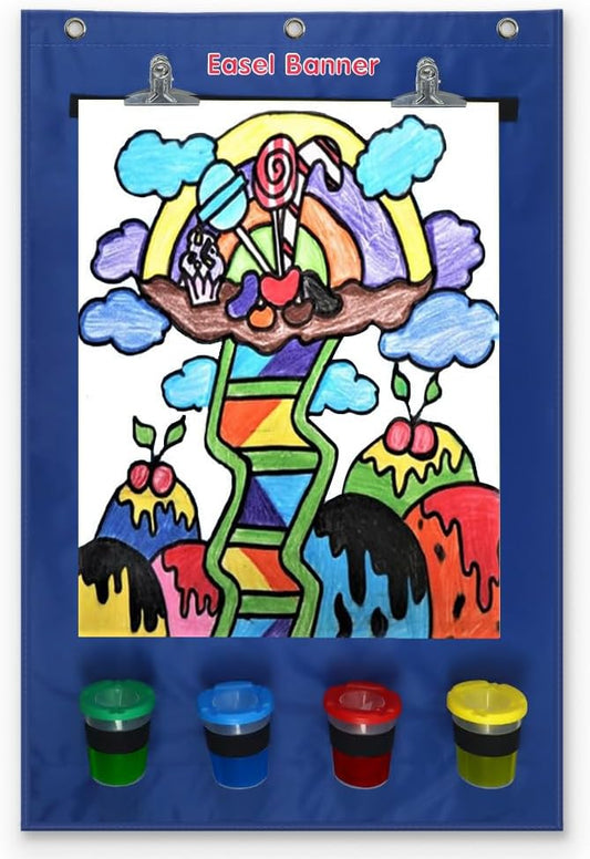 Easel for Kids, Art Easel for Toddler 2-4 Years Easel with 4 Paint Cups, Hanging Canvas with 2 Stainless Steel Clips, Large Kids Chalkboard Easel Drawing with 3 Hooks, Birthday Gifts for Kids