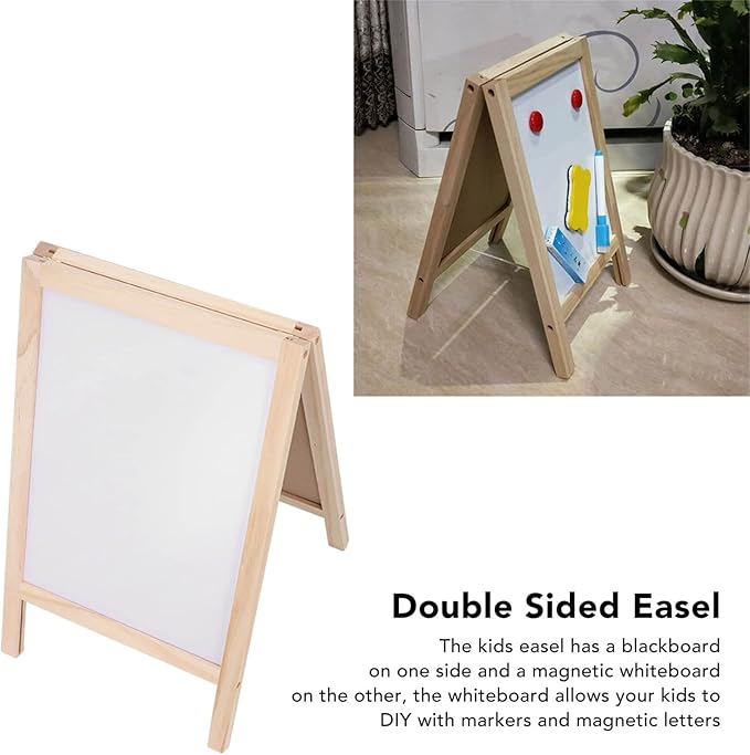 Easel Kids,Kids Wooden Art Easel Double-Sided Whiteboard and Chalkboard,Kids Easel Double Sided Foldable Standing Large Painting Space Poplar Structure Wooden Easel 25x40cm with Accessories