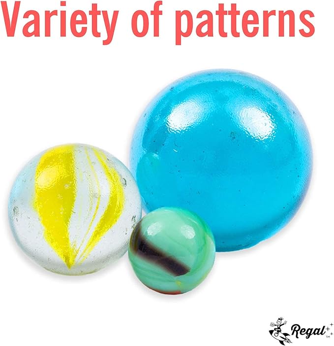 Regal Games 160 Count Traditional Glass Marbles with a Storage Tin, 3 Sizes, Variety of Patterns