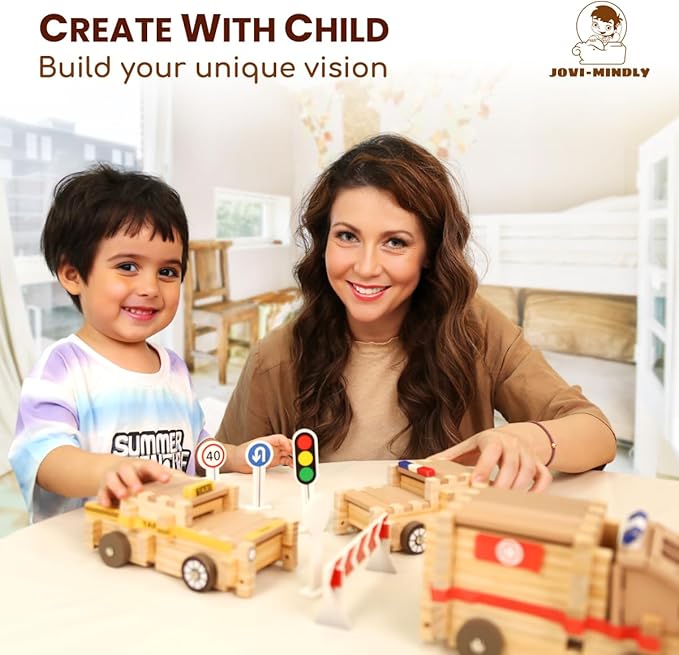 Jovi-mindly Wooden Building Blocks Car Set Toddler Boy Toys (101 pcs) with Storage Bag, Educational Classic Wooden Blocks for Toddlers Ages 3+ Boys and Girls,Truck/Excavator,FSC Certified
