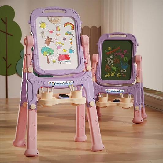 Toddler Easel, Adjustable Standing Easel for Toddlers, Double Magnetic Drawing Board with Painting Accessories, Birthday Present for Little Boys and Girls, Purple