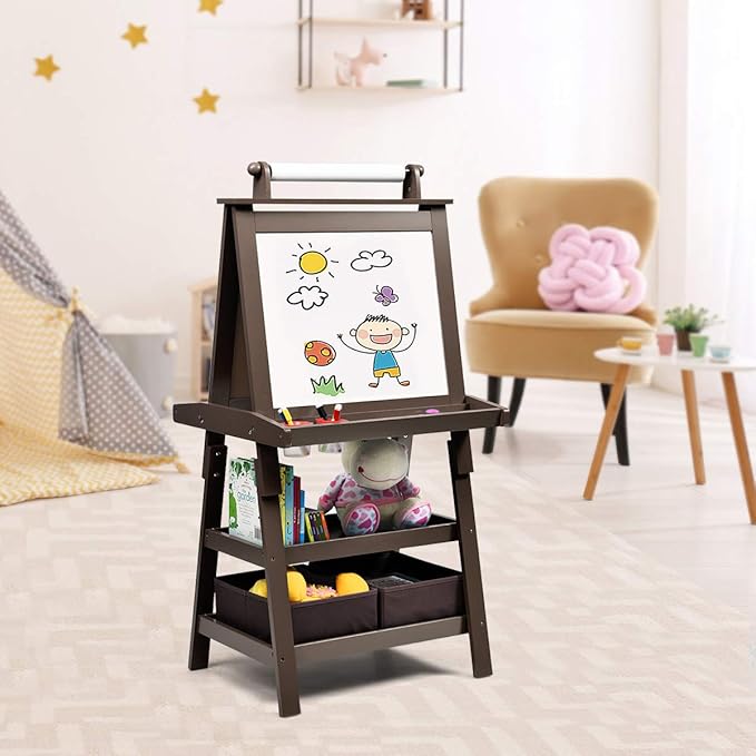 MAT Expert Kids Art Easel, 2-Side Child Easel w/Magnetic Whiteboard, Chalkboard & Paper Roll, Storage Easel w/2-Tier Rack & 2 Storage Boxes, 3 in 1 Toddler Art Craft Supply Drawing Easel (Coffee)