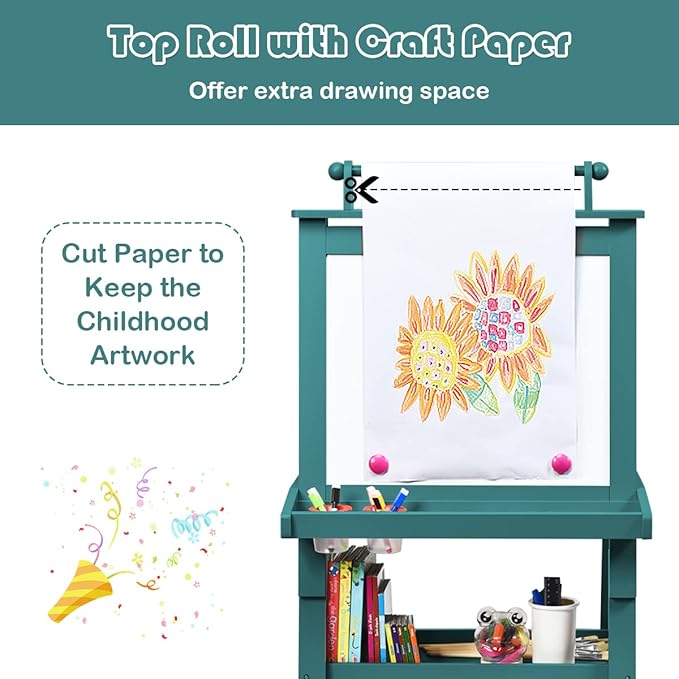 MAT Expert Kids Art Easel, 2-Side Child Easel w/Dry Whiteboard, Chalkboard & Paper Roll, Storage Easel w/2-Tier Rack & 2 Storage Boxes, 3 in 1 Toddler Art Craft Supply Drawing Easel (Blue)