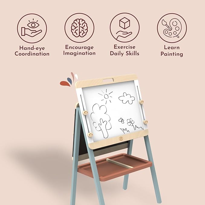 SPEEDY MONKEY Adjustable Wooden Easel for Kids, Double-Sided Chalkboard & Magnetic Whiteboard, Learning Toy for Children, Ideal Holiday Gift for Birthdays