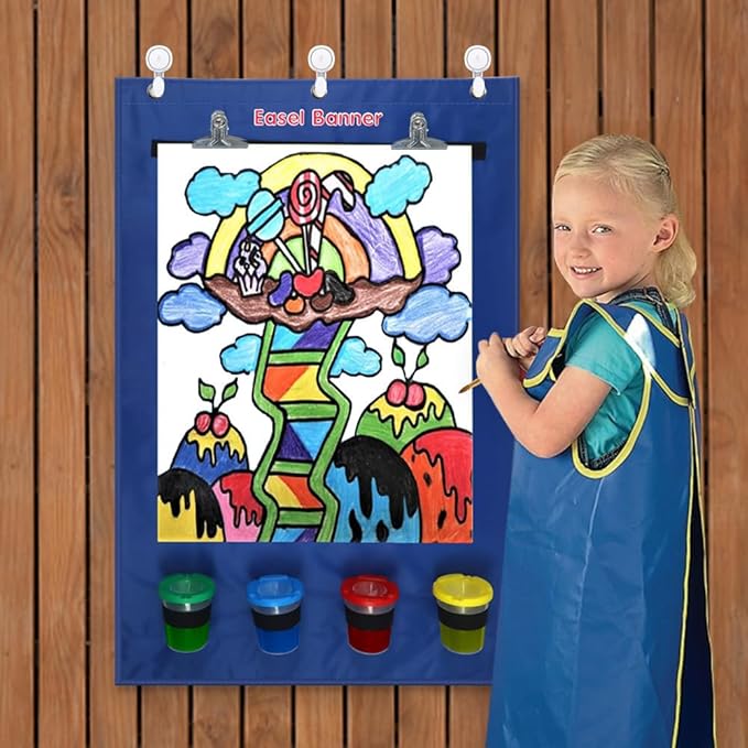 Easel for Kids, Art Easel for Toddler 2-4 Years Easel with 4 Paint Cups, Hanging Canvas with 2 Stainless Steel Clips, Large Kids Chalkboard Easel Drawing with 3 Hooks, Birthday Gifts for Kids