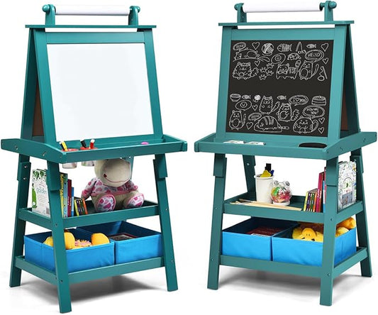 MAT Expert Kids Art Easel, 2-Side Child Easel w/Dry Whiteboard, Chalkboard & Paper Roll, Storage Easel w/2-Tier Rack & 2 Storage Boxes, 3 in 1 Toddler Art Craft Supply Drawing Easel (Blue)