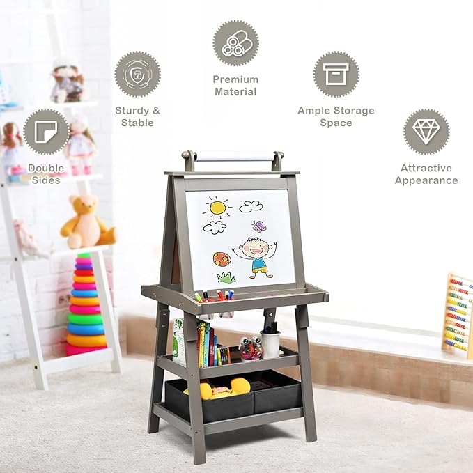 MAT Expert Kids Art Easel, 2-Side Child Easel w/Magnetic Whiteboard, Chalkboard & Paper Roll, Storage Easel w/2-Tier Rack & 2 Storage Boxes, 3 in 1 Toddler Art Craft Supply Drawing Easel (Gray)