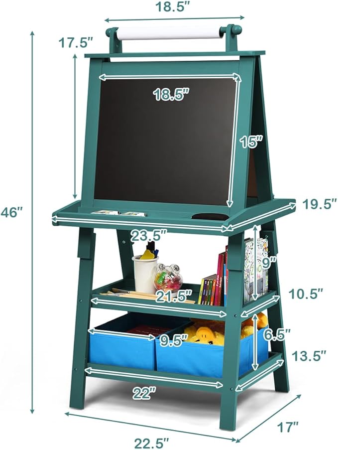 MAT Expert Kids Art Easel, 2-Side Child Easel w/Dry Whiteboard, Chalkboard & Paper Roll, Storage Easel w/2-Tier Rack & 2 Storage Boxes, 3 in 1 Toddler Art Craft Supply Drawing Easel (Blue)