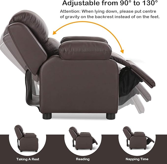Costzon Kids Recliner, Leather Recliner Chair w/Footrest, Armrest Storage, Headrest & Lumbar Support, Ergonomic Lounge Chair for Living & Gaming Room, Adjustable Recliner Sofa for Boys Girls (Brown)
