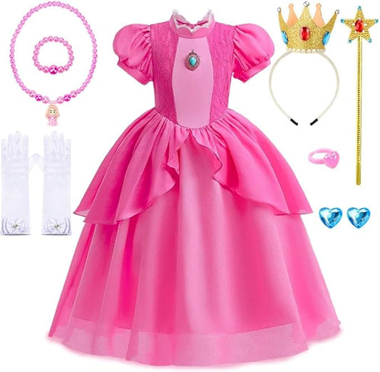TOLOYE Princess Peach Costume for Girls,Princess Peach Dress with Accessories for Birthday Party Cosplay Halloween Christmas