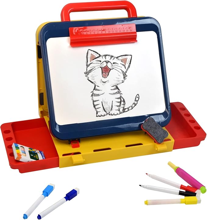 Easel for Kids-Art Easel for Toddler-Chalkboard White Board for Kids-Dry Erase Table Top Easel for Kids-Foldable Double-Sided Easel-Portable Desktop Easel for Toddler Kids3 4 5 6 7 8(Blue & Yellow)