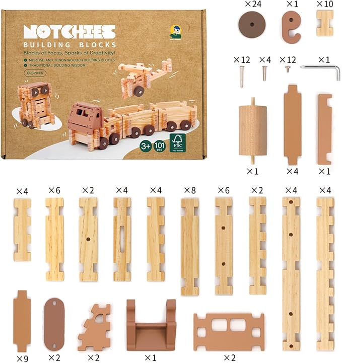 Jovi-mindly Wooden Building Blocks Car Set Toddler Boy Toys (101 pcs) with Storage Bag, Educational Classic Wooden Blocks for Toddlers Ages 3+ Boys and Girls,Truck/Excavator,FSC Certified
