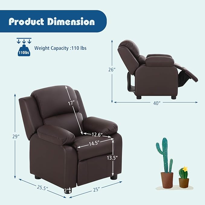 Costzon Kids Recliner, Leather Recliner Chair w/Footrest, Armrest Storage, Headrest & Lumbar Support, Ergonomic Lounge Chair for Living & Gaming Room, Adjustable Recliner Sofa for Boys Girls (Brown)