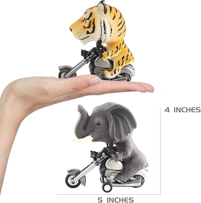 DINOBROS Tiger and Elephant Toys for Kids Toddlers 3-7 Years Old 2 Pack Friction Animal Motorcycle Car Toys for Boys and Girls