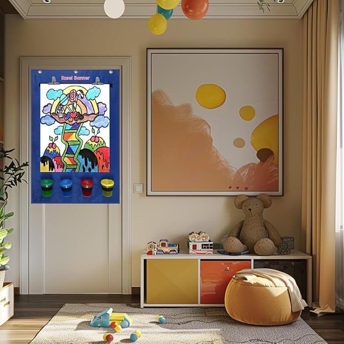 Easel for Kids, Art Easel for Toddler 2-4 Years Easel with 4 Paint Cups, Hanging Canvas with 2 Stainless Steel Clips, Large Kids Chalkboard Easel Drawing with 3 Hooks, Birthday Gifts for Kids