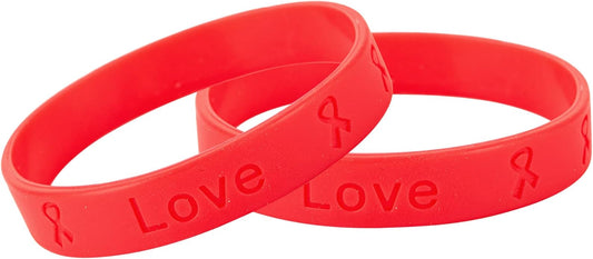 Silicone Bracelet – Red Ribbon Awareness Silicone Bracelet-Inexpensive Red Ribbon Rubber Wristbands for Heart Disease, High blood Pressure, Hypertension, AIDS, HIV Awareness & Fundraising-Perfect for Men and Women