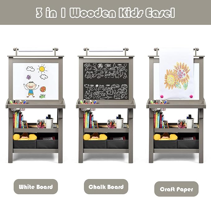 MAT Expert Kids Art Easel, 2-Side Child Easel w/Magnetic Whiteboard, Chalkboard & Paper Roll, Storage Easel w/2-Tier Rack & 2 Storage Boxes, 3 in 1 Toddler Art Craft Supply Drawing Easel (Gray)