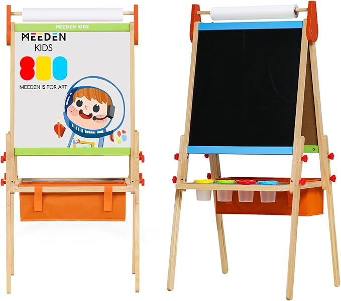 MEEDEN Easel for Kids, Double-Sided All-in-one Wooden Art Easel, Kids Art Easel Set with Paper Rolls, Magnetic Easel with Whiteboard & Chalkboard, Finger Paints, Accessories Easel for Toddlers