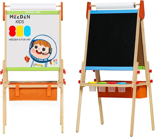 MEEDEN Easel for Kids, Double-Sided All-in-one Wooden Art Easel, Kids Art Easel Set with Paper Rolls, Magnetic Easel with Whiteboard & Chalkboard, Finger Paints, Accessories Easel for Toddlers