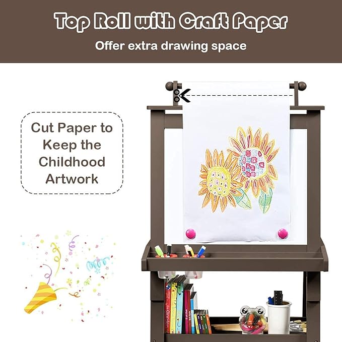 MAT Expert Kids Art Easel, 2-Side Child Easel w/Magnetic Whiteboard, Chalkboard & Paper Roll, Storage Easel w/2-Tier Rack & 2 Storage Boxes, 3 in 1 Toddler Art Craft Supply Drawing Easel (Coffee)