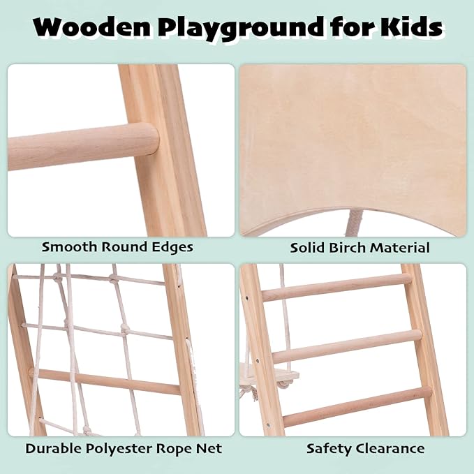 Jungle Gym Indoor (8 in 1) Wooden Indoor Playground, Toddler Wooden Climbing Toys, Montessori Playset, Gym with Slide, Climbing Net, Swing, Tent, Gymnastics Ring…