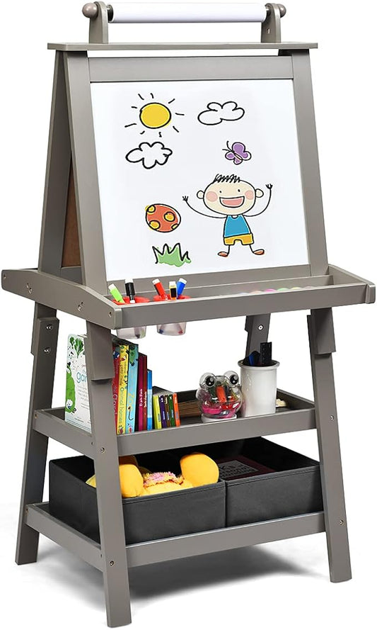 MAT Expert Kids Art Easel, 2-Side Child Easel w/Magnetic Whiteboard, Chalkboard & Paper Roll, Storage Easel w/2-Tier Rack & 2 Storage Boxes, 3 in 1 Toddler Art Craft Supply Drawing Easel (Gray)