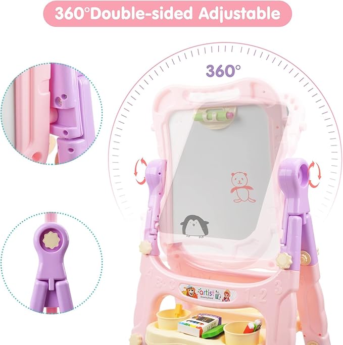 Toddler Easel, Adjustable Standing Easel for Toddlers, Double Magnetic Drawing Board with Painting Accessories, Birthday Present for Little Boys and Girls, Pink