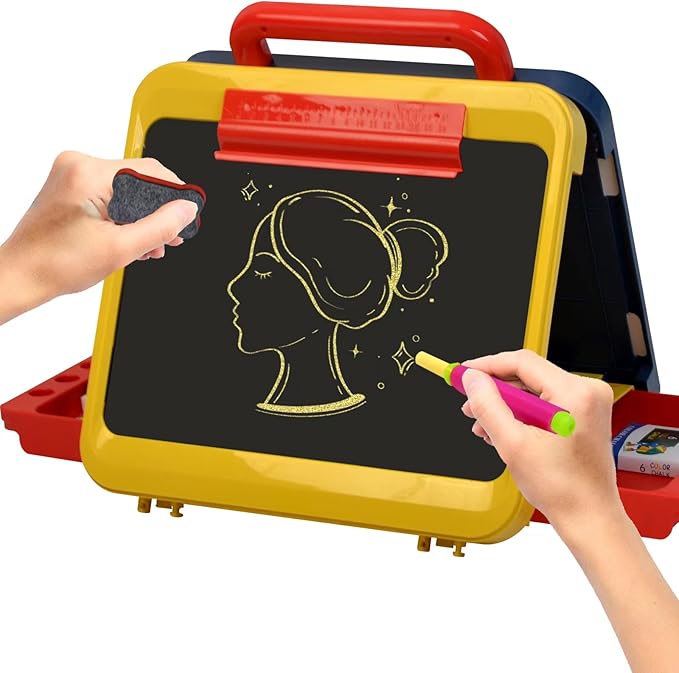 Easel for Kids-Art Easel for Toddler-Chalkboard White Board for Kids-Dry Erase Table Top Easel for Kids-Foldable Double-Sided Easel-Portable Desktop Easel for Toddler Kids3 4 5 6 7 8(Blue & Yellow)