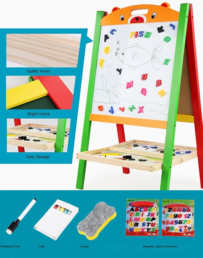 Wooden Art Easel for Kids (Double Sided) - Standing Whiteboard Chalkboard Small Toddler Toys - Includes ABC Numbers GD-023-N