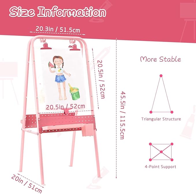 FUNLIO Foldable Outdoor Easel for Kids Aged 3+, Double-Sided Kids Easel with 2 Acrylic Boards & 21 pcs Accessories, Waterproof & Sunproof Art Easel for Kids, Portable & Stable - Pink